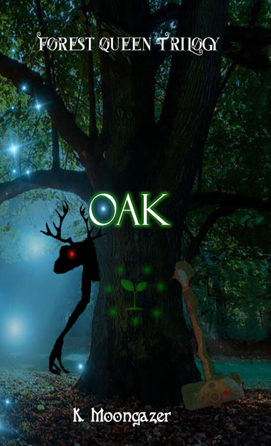 My first idea for the book cover along with the running title. The original tree background was used as the final cover art. This series was originally going to be seven books long, each the name of a tree.