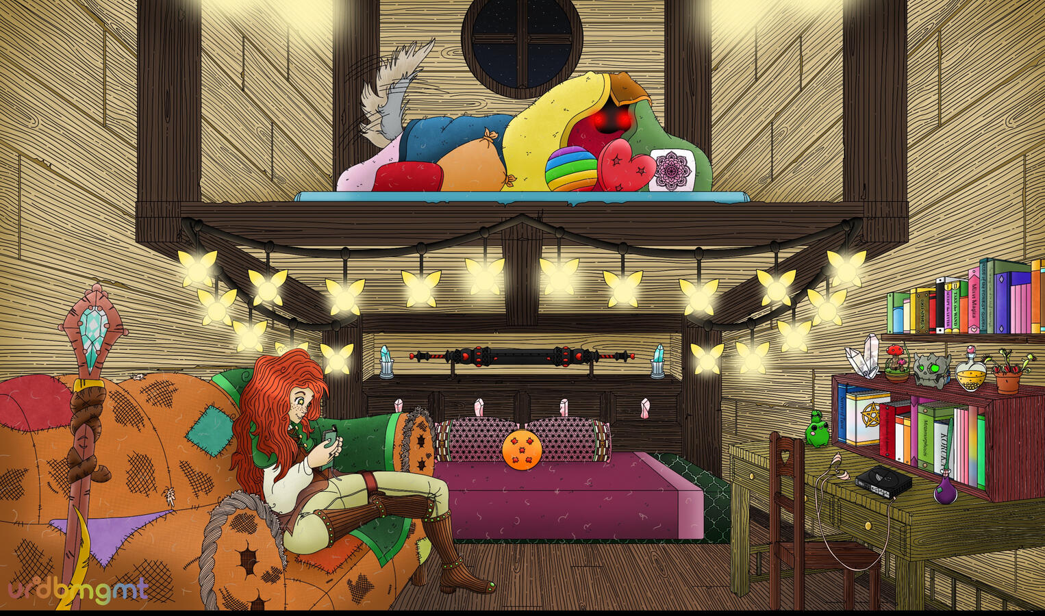 Oak Tree house with Mori reading a royal journal and Faust under blankets. Art by UIDB MGMT